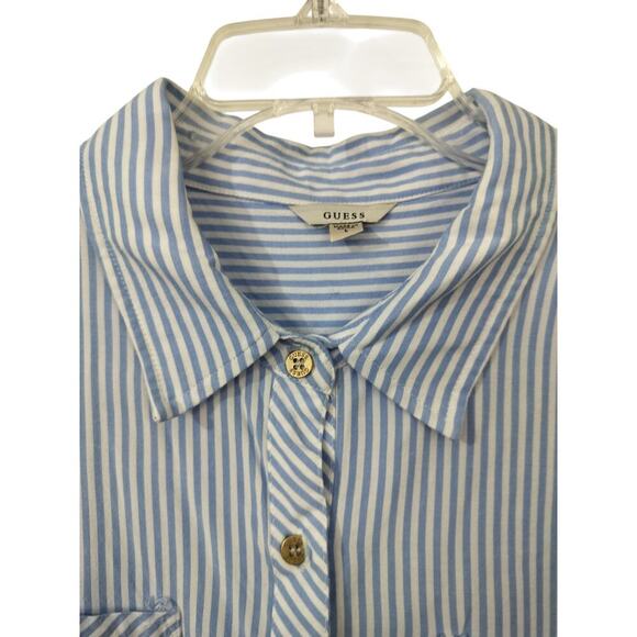 3231) Guess Blue White Stripe long Sleeve Button Down Gold Button Rayon Shirt L - Picture 2 of 8